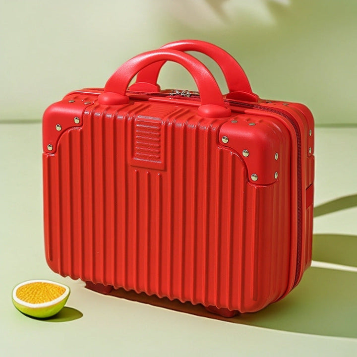 structured hard-shell vanity travel case with faux-leather corner reinforcements and dual top handles Stornfield