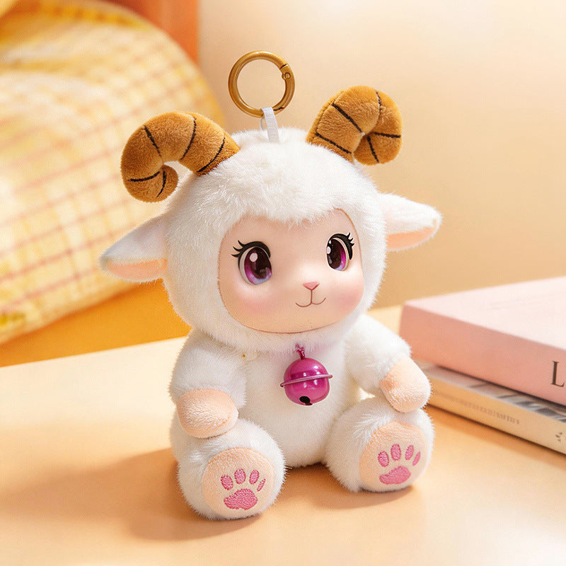 Plush Ram Keychain Charm with Curly Faux-Fur, Sculpted Face, Bell Necklace and Metal Ring Stornfield