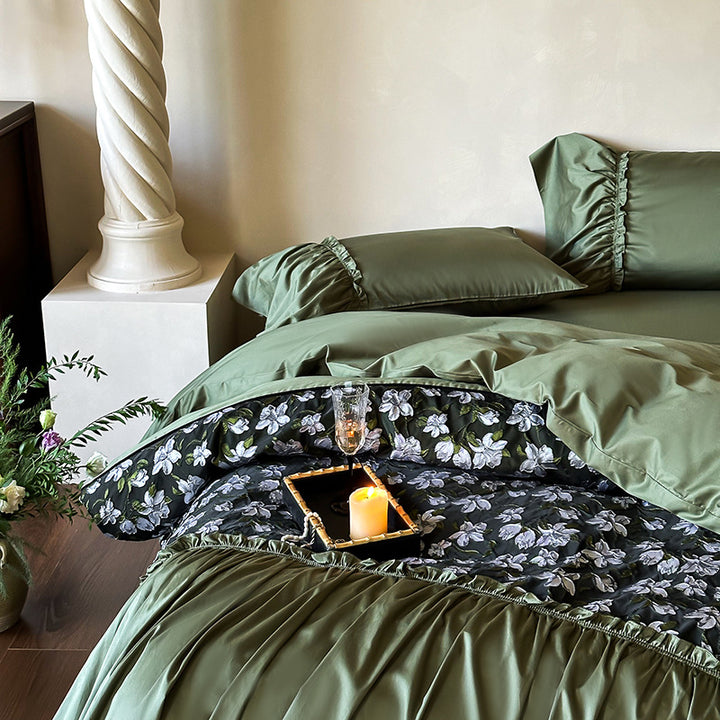 Ruffled Reversible Satin-Feel Duvet Cover Set with Floral Panel and Gathered Bed Skirt
