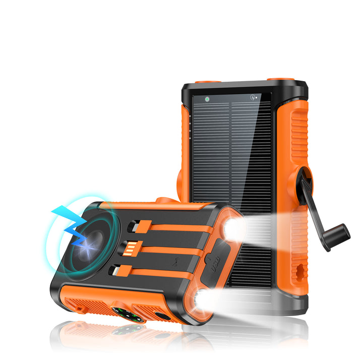 Portable solar battery with integrated hand crank charger Stornfield