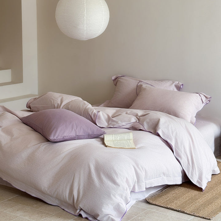 Washed Linen Cotton Duvet Cover Set with Flanged Pillowcases and Contrast Piping