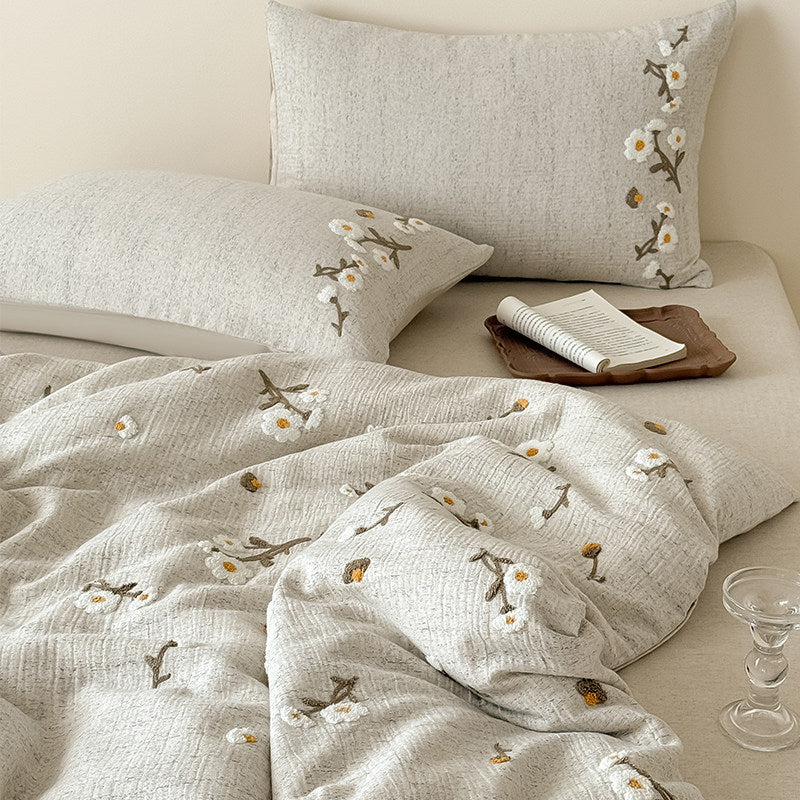 Embroidered Cotton-Linen Duvet Cover Bedding Set with Quilted Reversible Comforter and Decorative Pillow Shams