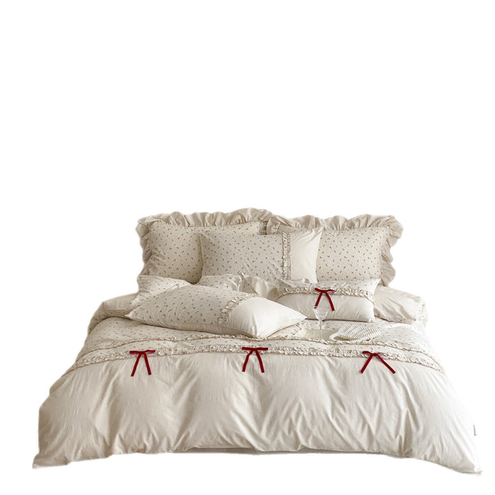 Ruffled Tiny Floral Cotton Duvet Cover Set with Red Ribbon Tie Accents
