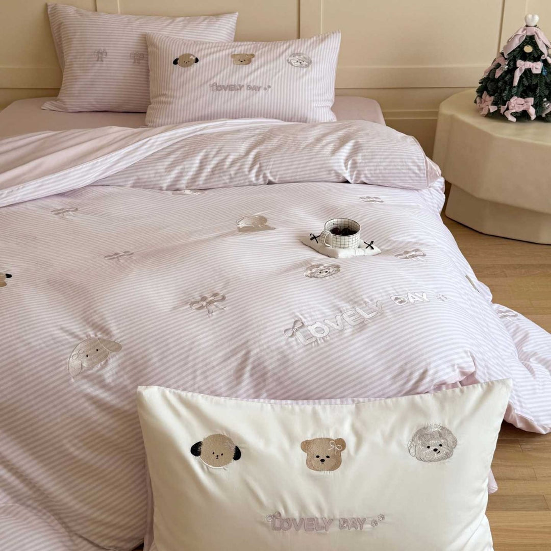 Cute Embroidered Puppy Cotton Duvet Cover Set