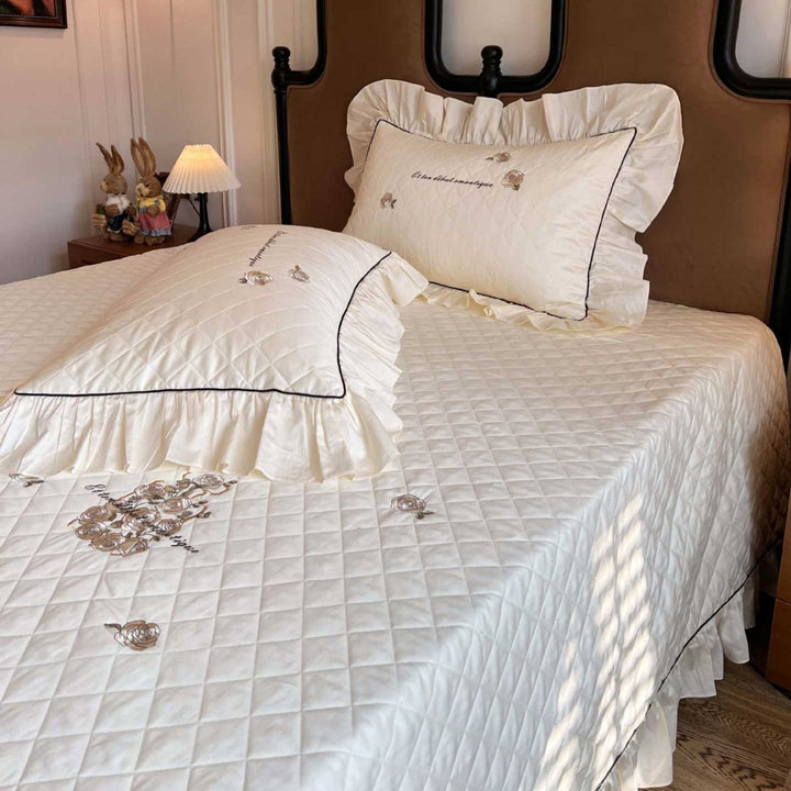 Quilted Ruffled Embroidered Bedspread Set with Matching Pillow Shams