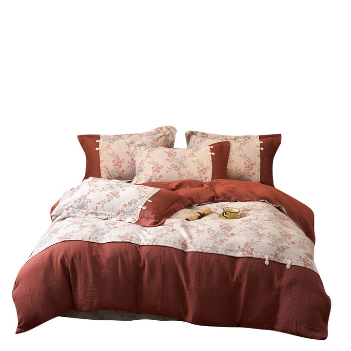 Romantic cotton-linen reversible bedding set with floral print and decorative cords