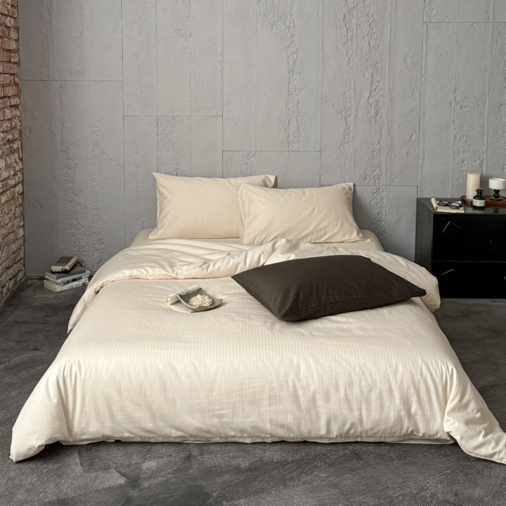 Minimalist Stripe-Textured Cotton Sateen Duvet Cover and Pillowcase Set with Hidden Zipper