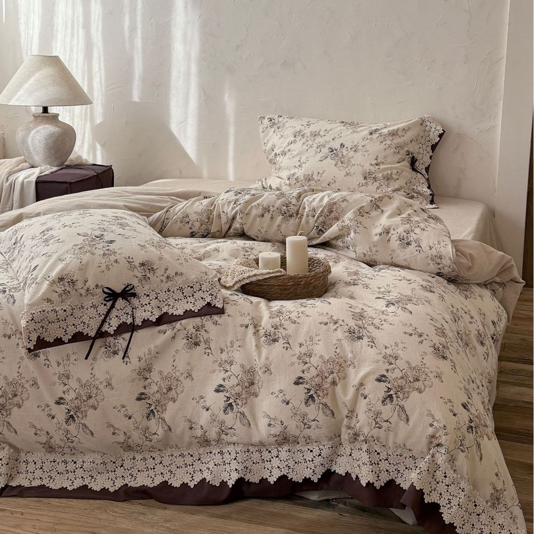 Cottage Floral Cotton-Linen Blend Duvet Cover Set with Crochet Lace Hem and Bow-Tie Pillow Shams