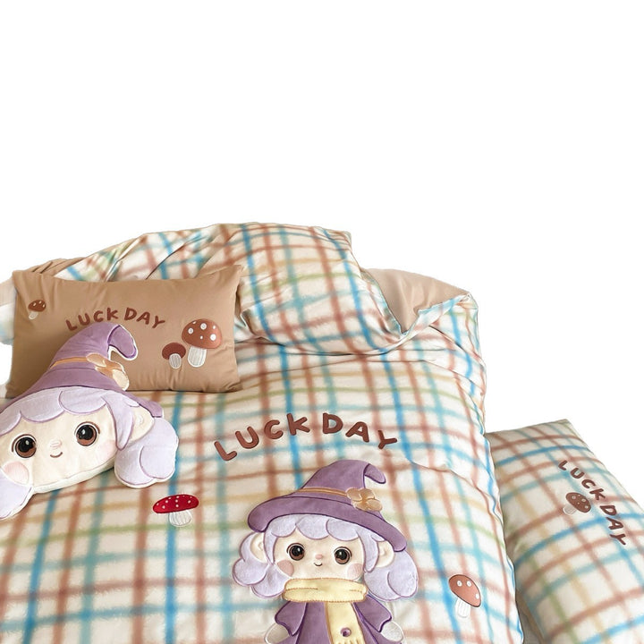 Cartoon Plaid Cotton-Sateen Duvet Cover Set with Character Appliqué & Matching Shams