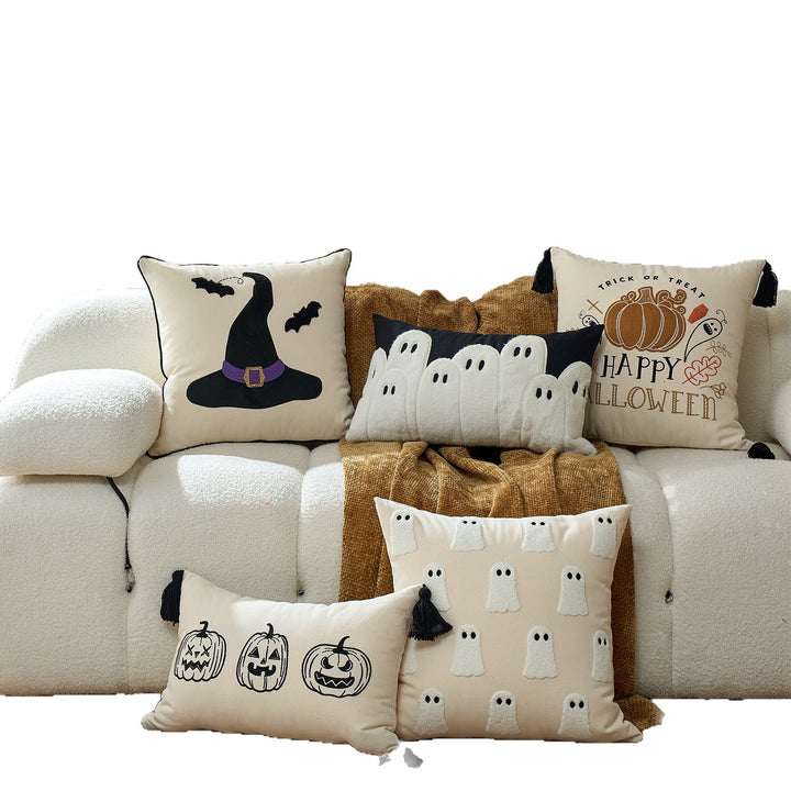 Tufted Ghost Appliqué Cotton-Linen Square Decorative Throw Pillow Cover