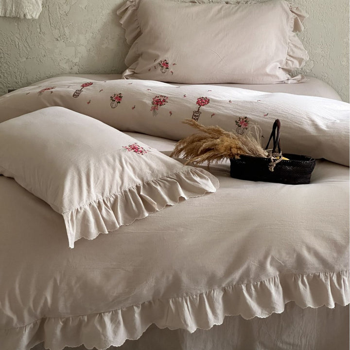 Ruffled Embroidered Cotton Duvet Cover Set with Pillow Shams