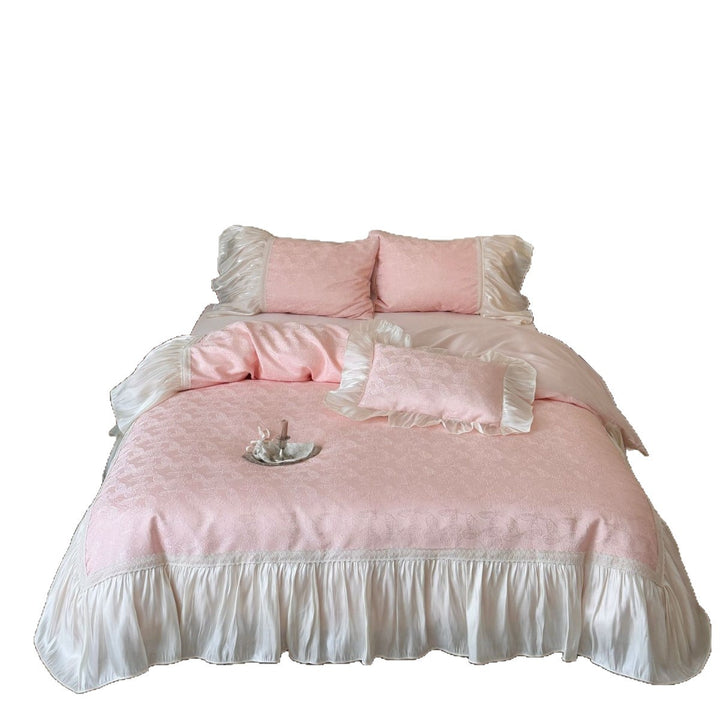 Romantic bedding set made of jacquard cotton with satin ruffle and decorative bed covering