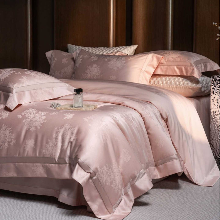 Luxury Jacquard Satin Duvet Cover Set with Botanical Embossed Weave and Oxford Pillow Shams