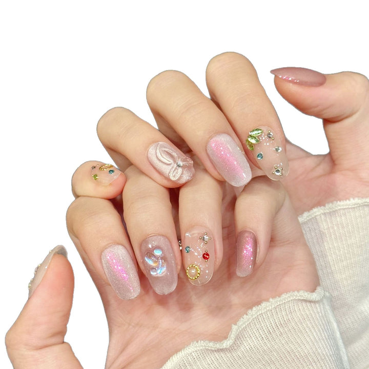 Decorative Press-On Nail Art Set with Unique Gem and Bow Accents