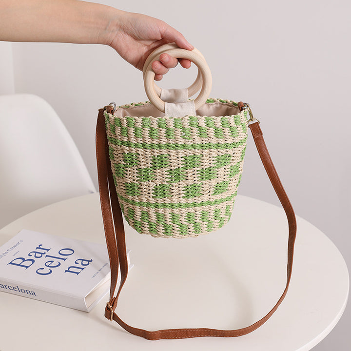 Handcrafted basket bag with wooden handle and adjustable shoulder strap Stornfield
