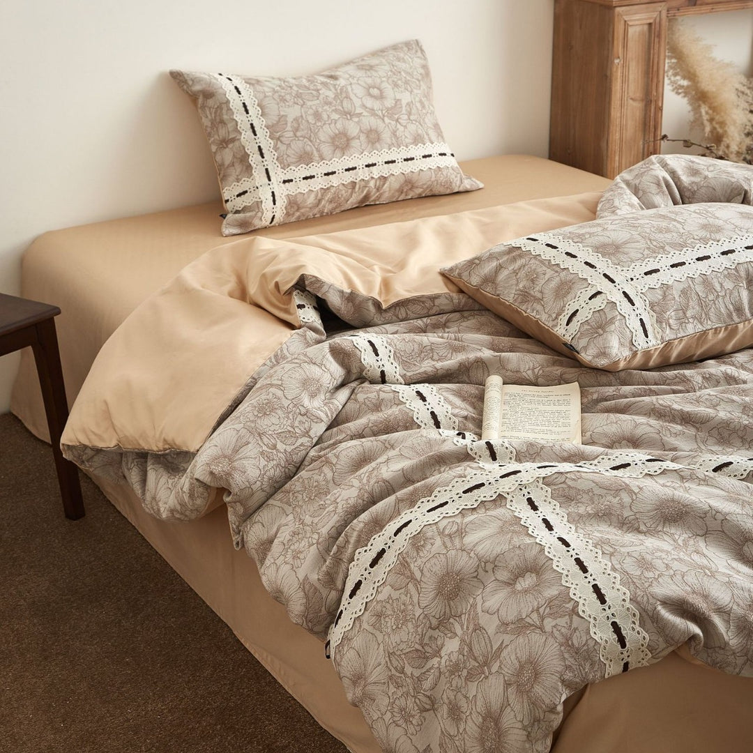 Floral Sketch Lace-Panel Reversible Duvet Cover Ensemble with Solid-Backed Pillow Shams