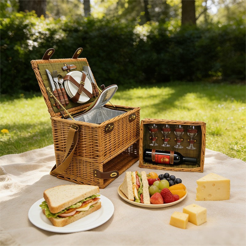 Ladies luxurious picnic basket with integrated crockery set and insulated cooler compartment Stornfield
