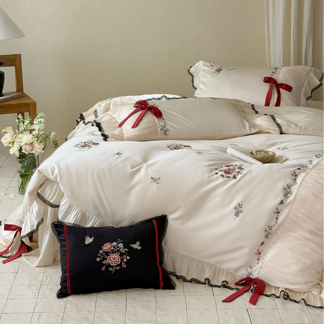 Satin-Effect Floral Embroidered Ruffled Duvet Cover Set
