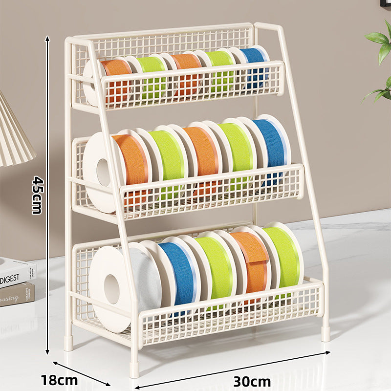 Angled Multi-Tier Spool and Tape Storage Rack with Wire Mesh Baskets