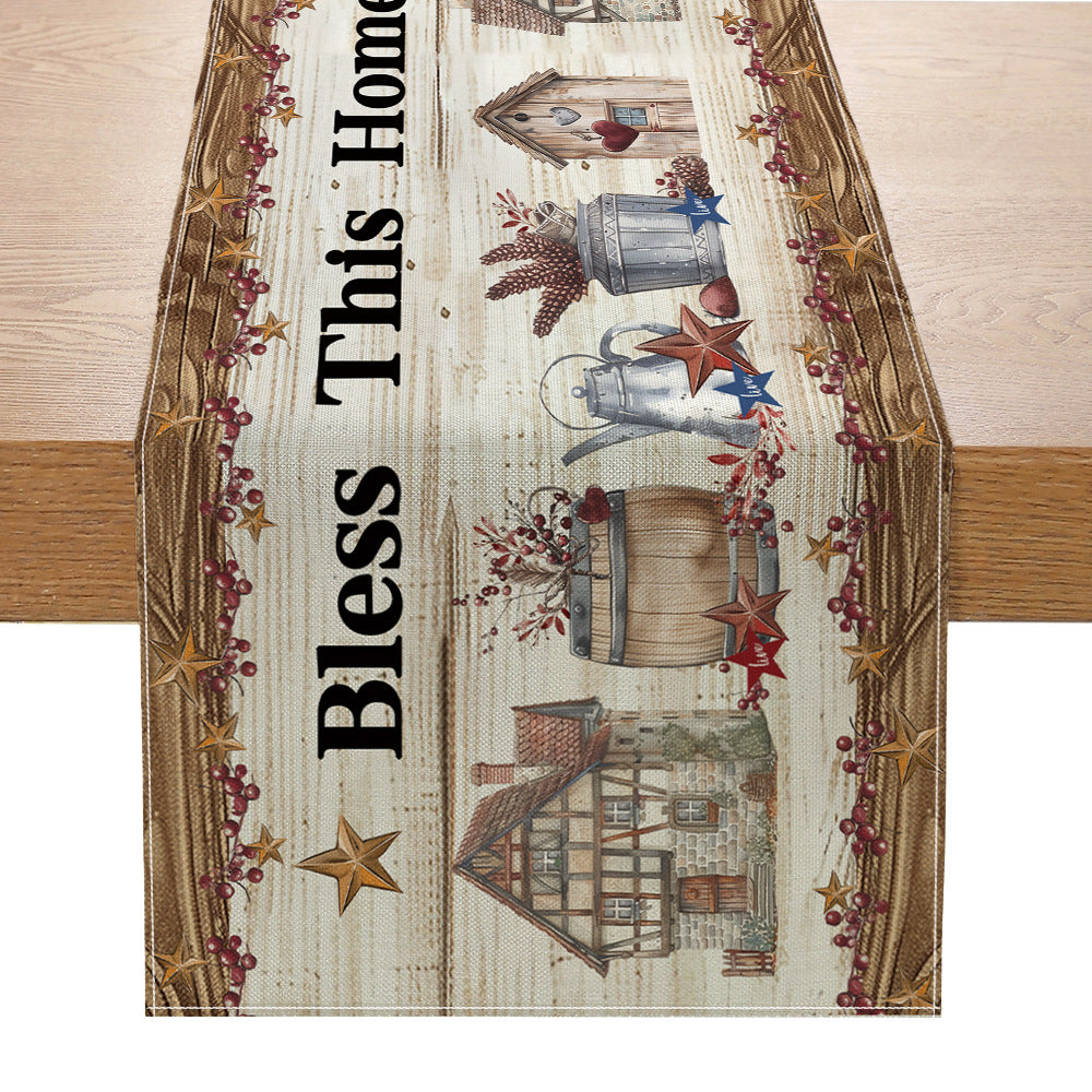 Distressed American Flag Cotton-Linen Table Runner with Patriotic Stars and Stripes Print