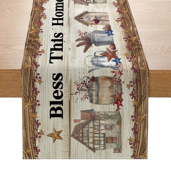 Distressed American Flag Cotton-Linen Table Runner with Patriotic Stars and Stripes Print