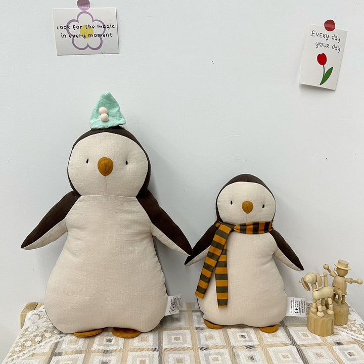 Handcrafted Organic Cotton Penguin Plush Toy with Striped Knit Scarf and Embroidered Face