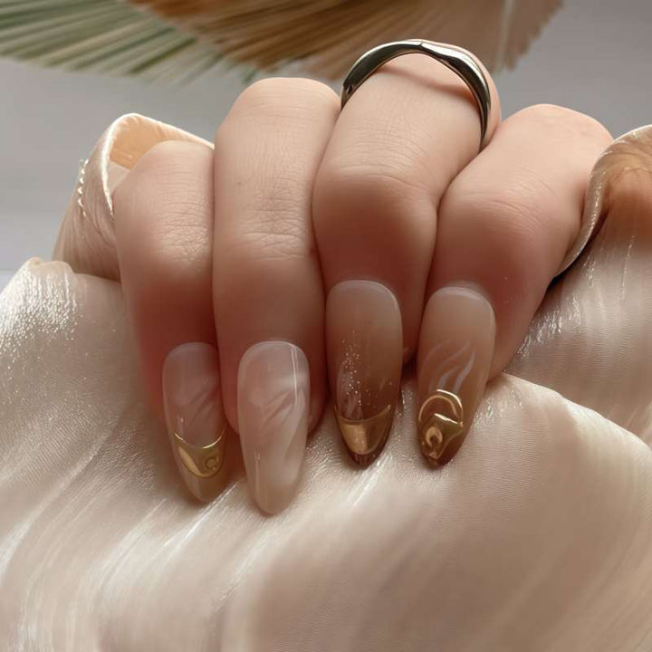 Artistic Press-On Nail Set with Gold and Floral Accents Stornfield