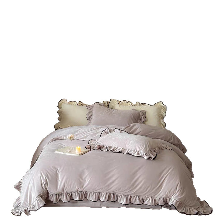 Ruffled Velvet Duvet Cover Set with Contrasting Piped Edge