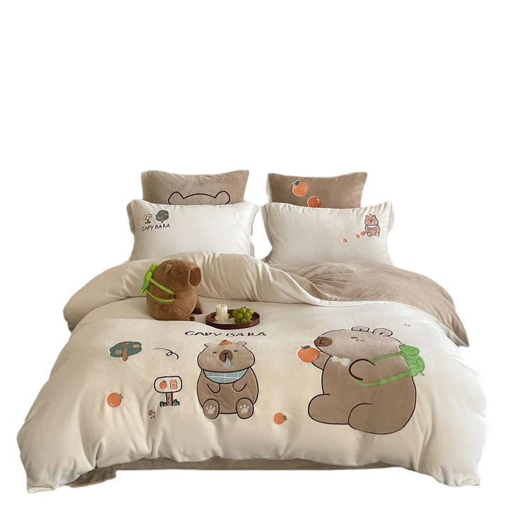 Cozy cotton satin duvet cover set with large capybara illustration