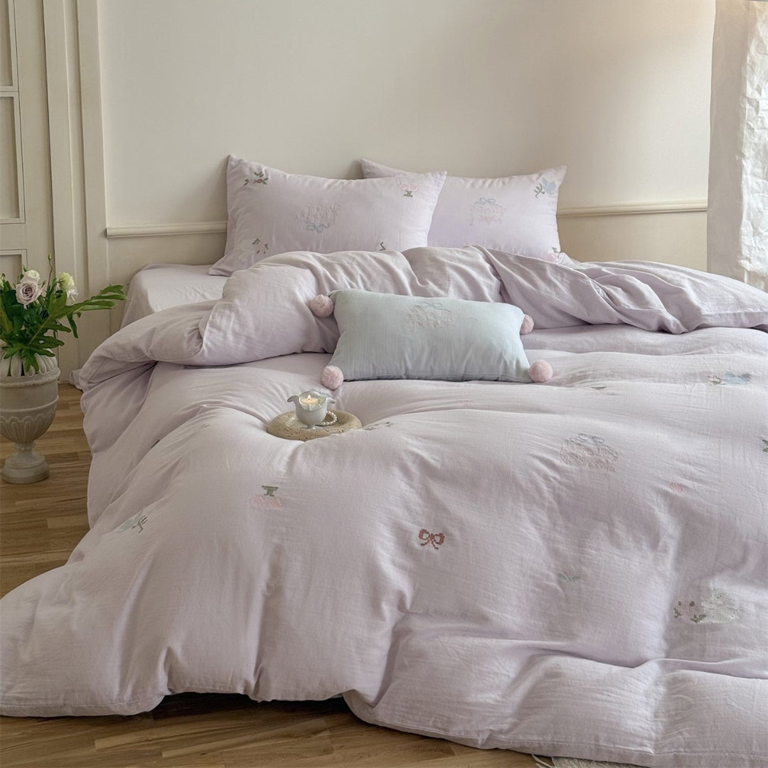 Delicate Floral and Dove Embroidered Cotton-Linen Duvet Cover Set with Decorative Pillow Shams