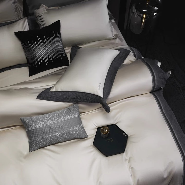 Hotel-Style Silky Sateen Duvet Ensemble with Contrast Textured Border and Euro Shams