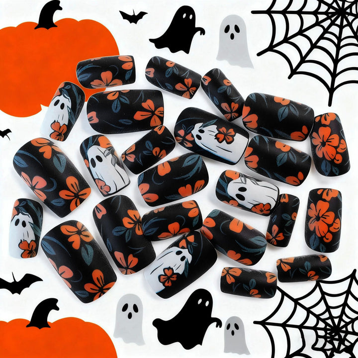 Artistic Floral Ghost-Themed Nail Art Enhancements Stornfield