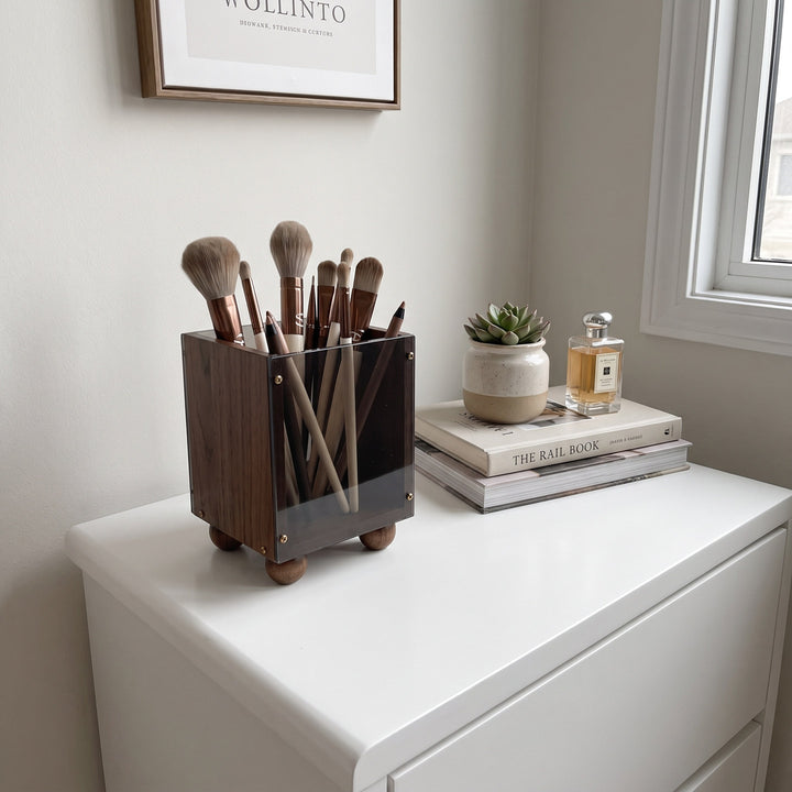 Wood and Smoked Acrylic Makeup Brush Holder Organizer with Rounded Ball Feet