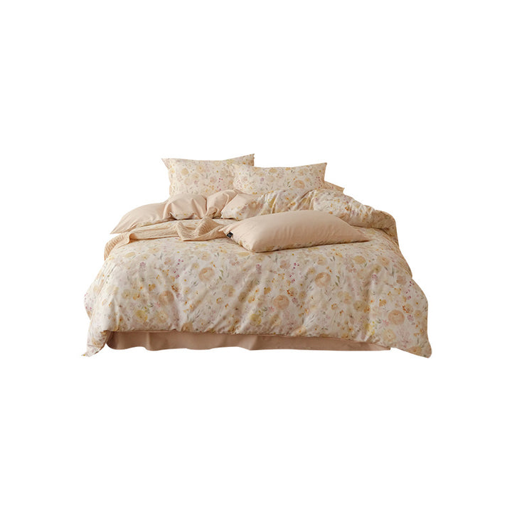 Floral Cotton Sateen Reversible Duvet Cover Set with Pillow Shams