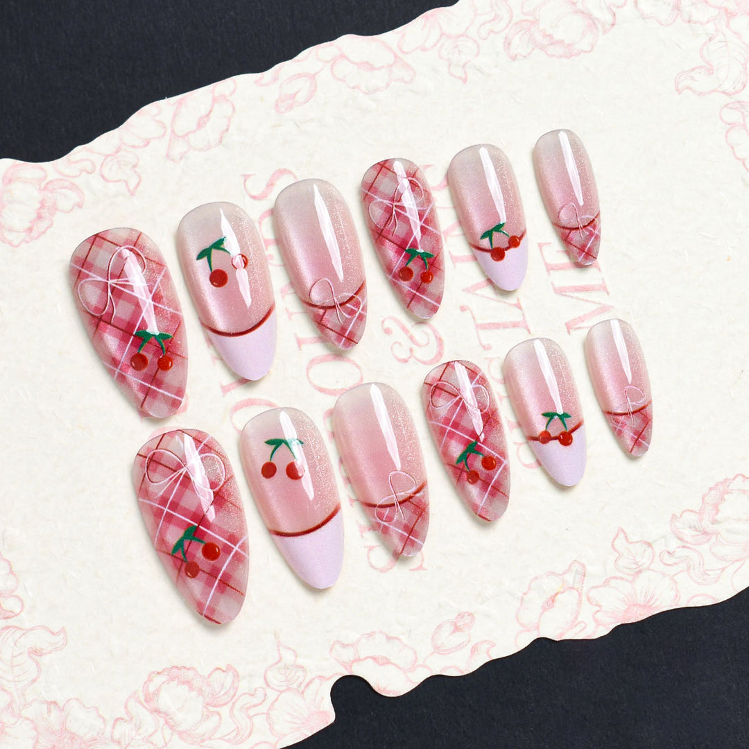 Artistic Press-On Nail Set with Cherry Blossom Design Stornfield