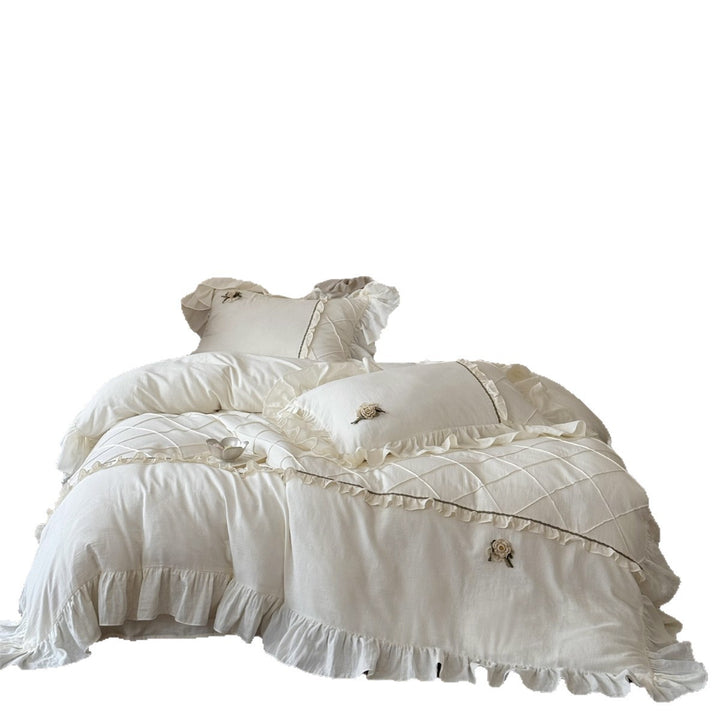 Washed Linen Ruffled Duvet Cover Set with Embroidered Floral Appliqué
