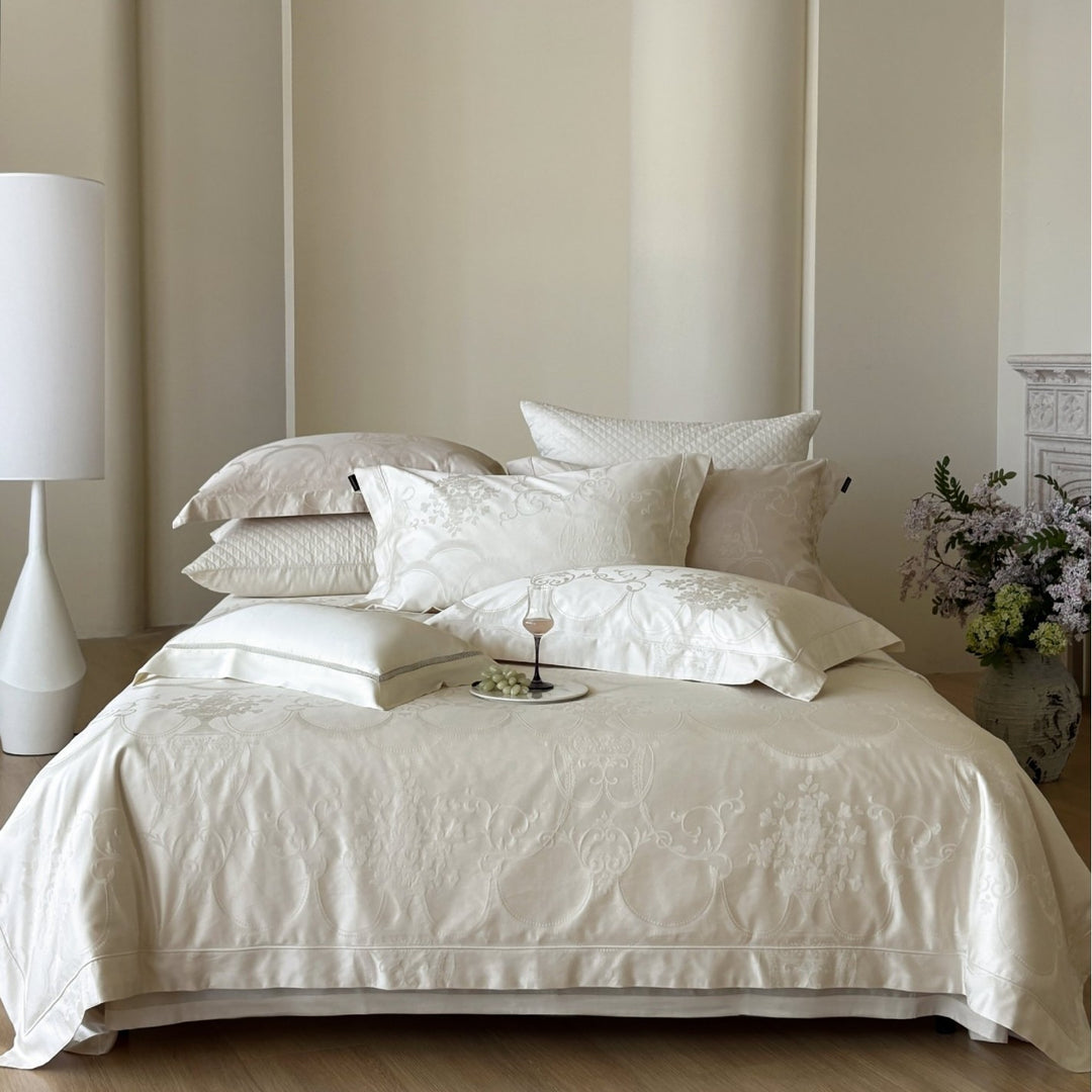 Premium Jacquard Damask Bedding Ensemble with Quilted Euro Shams