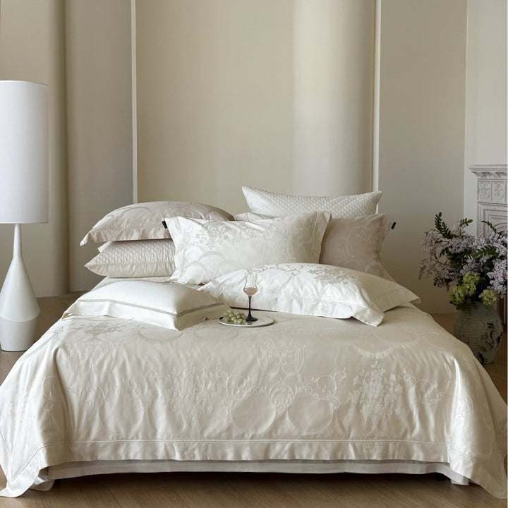Premium Jacquard Damask Bedding Ensemble with Quilted Euro Shams