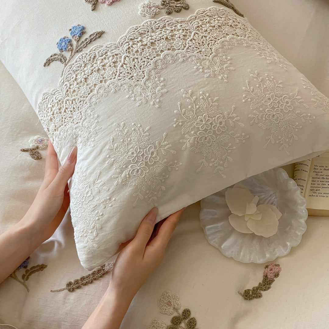 Embroidered cotton satin bedding set with lace trim
