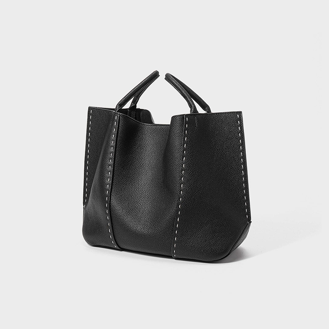 Pebbled Leather Two-Handle Snap-Top Tote with Contrast Stitch Detailing