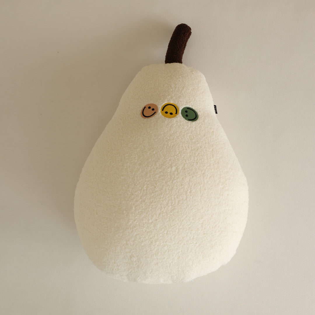 Pillow in pear shape made of teddy fleece with applied smileys