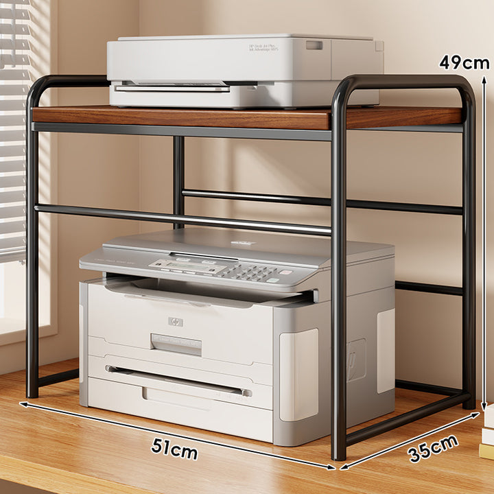 Two Tier Metal and Wood Printer Stand with Sliding Mesh Drawer and Under-Shelf Storage