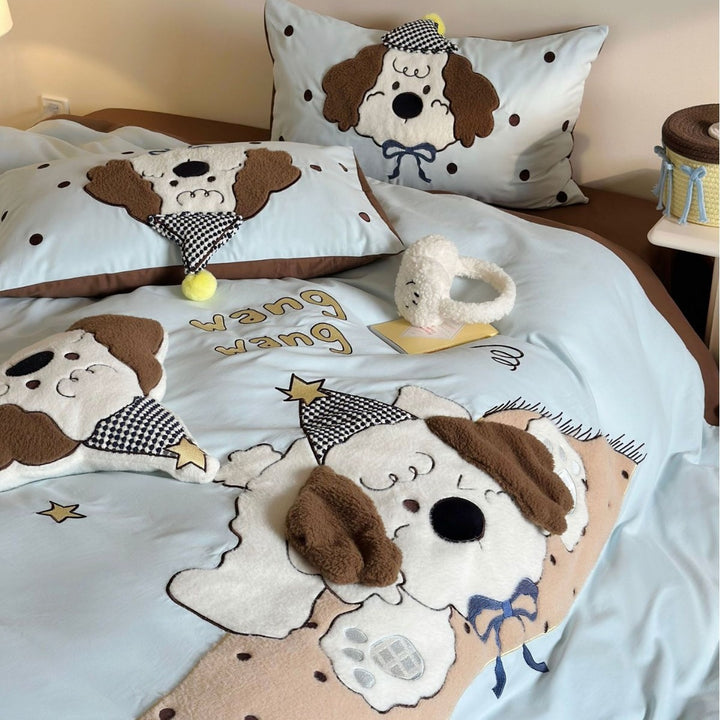 Cartoon Appliqué Plush Dog Reversible Duvet Cover Set with Decorative Pillowcases