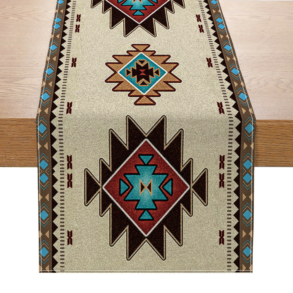 Southwestern Pattern Cotton-Linen Table Runner with Aztec Geometric Print