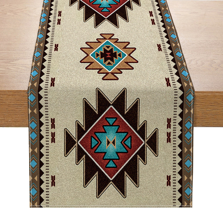 Southwestern Pattern Cotton-Linen Table Runner with Aztec Geometric Print