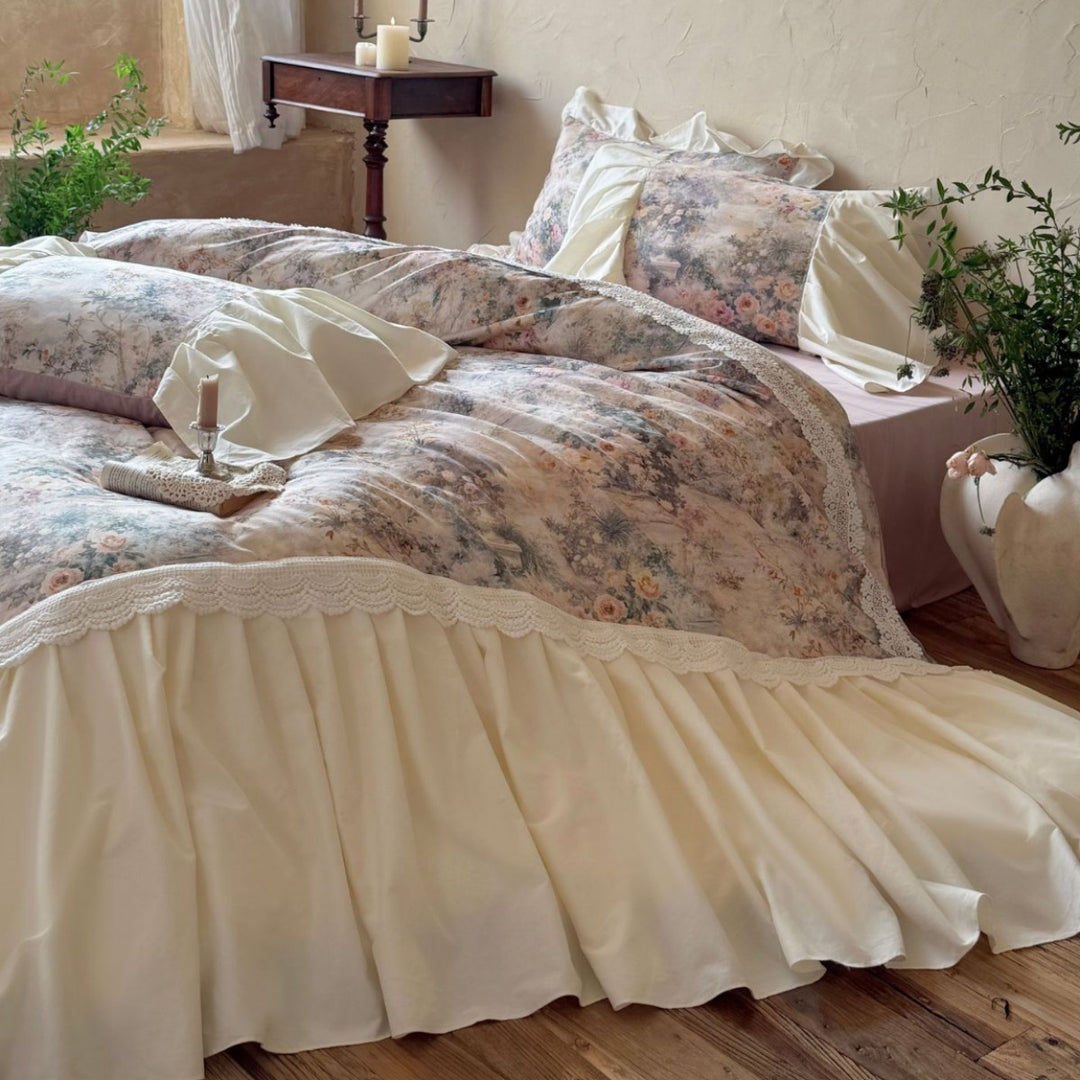 Romantic bedding set with ruffles and satin bed skirt