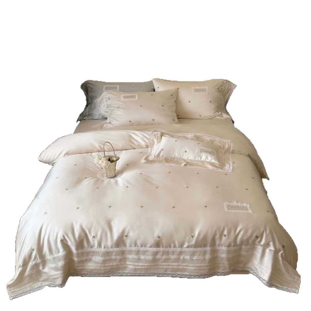 Luxury Embroidered Satin Duvet Cover Set with Lace Trim