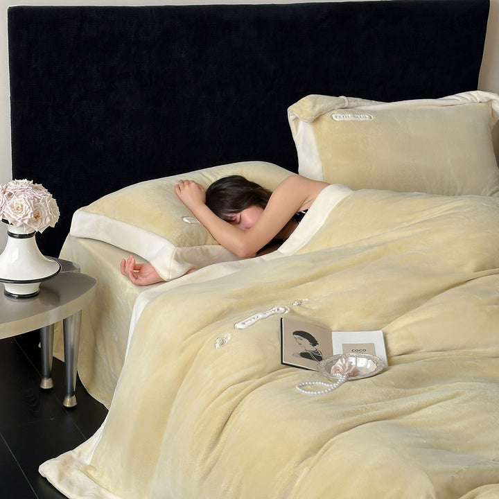 Luxurious velvet bedding set with plush cover, satin edge, and decorative embroidery