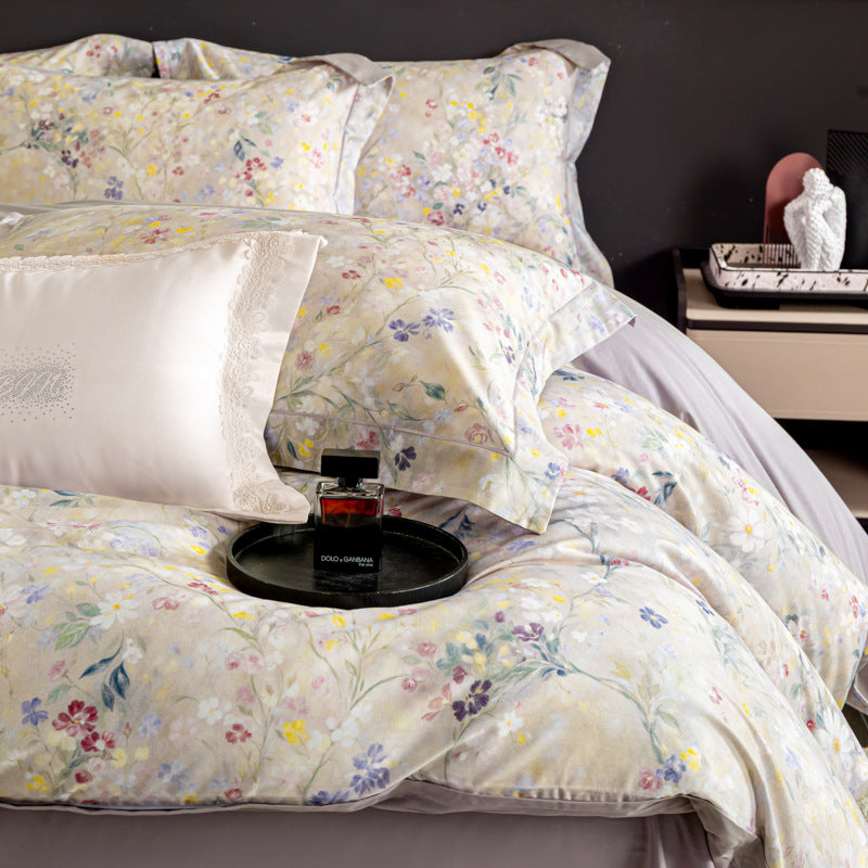Luxurious cotton satin duvet cover set with watercolor flower pattern