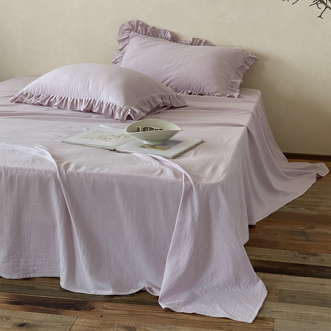 Washed Cotton-Linen Blend Ruffled Pillowcase & Flat Sheet Set